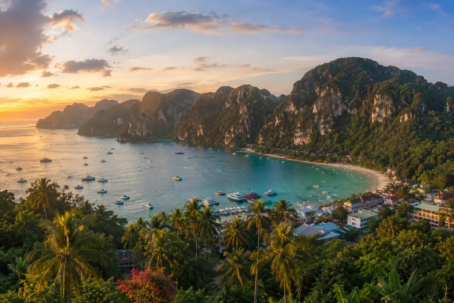 Tropical coastal bay framed by limestone cliffs at sunset