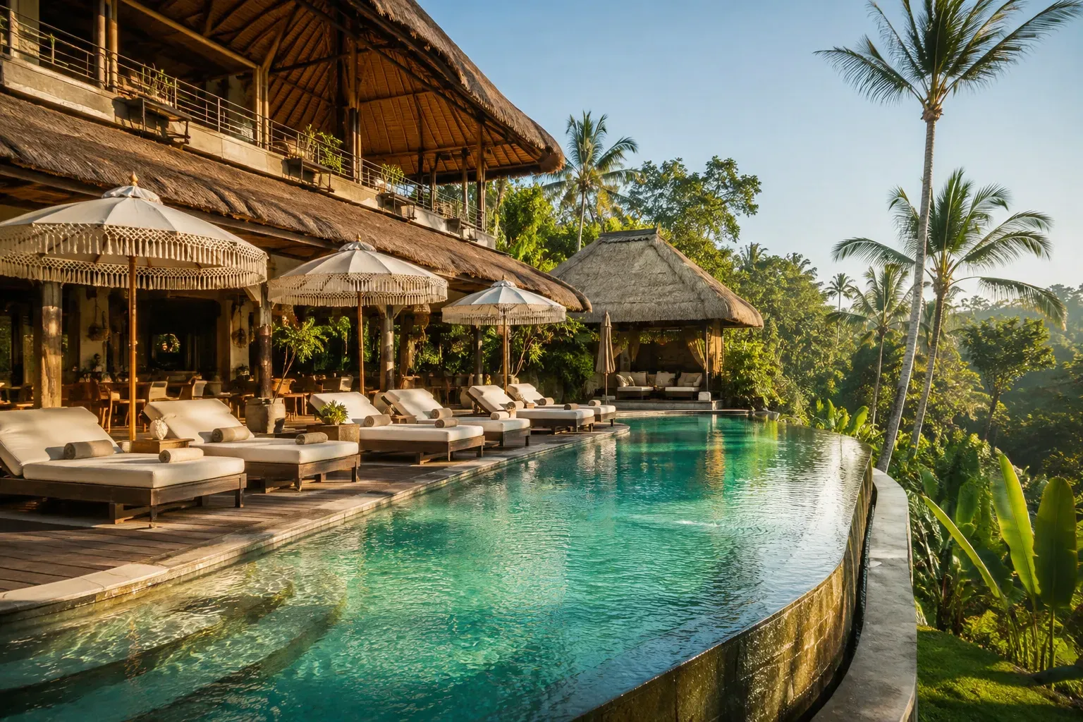Tropical resort infinity pool and loungers overlooking the jungle at sunset