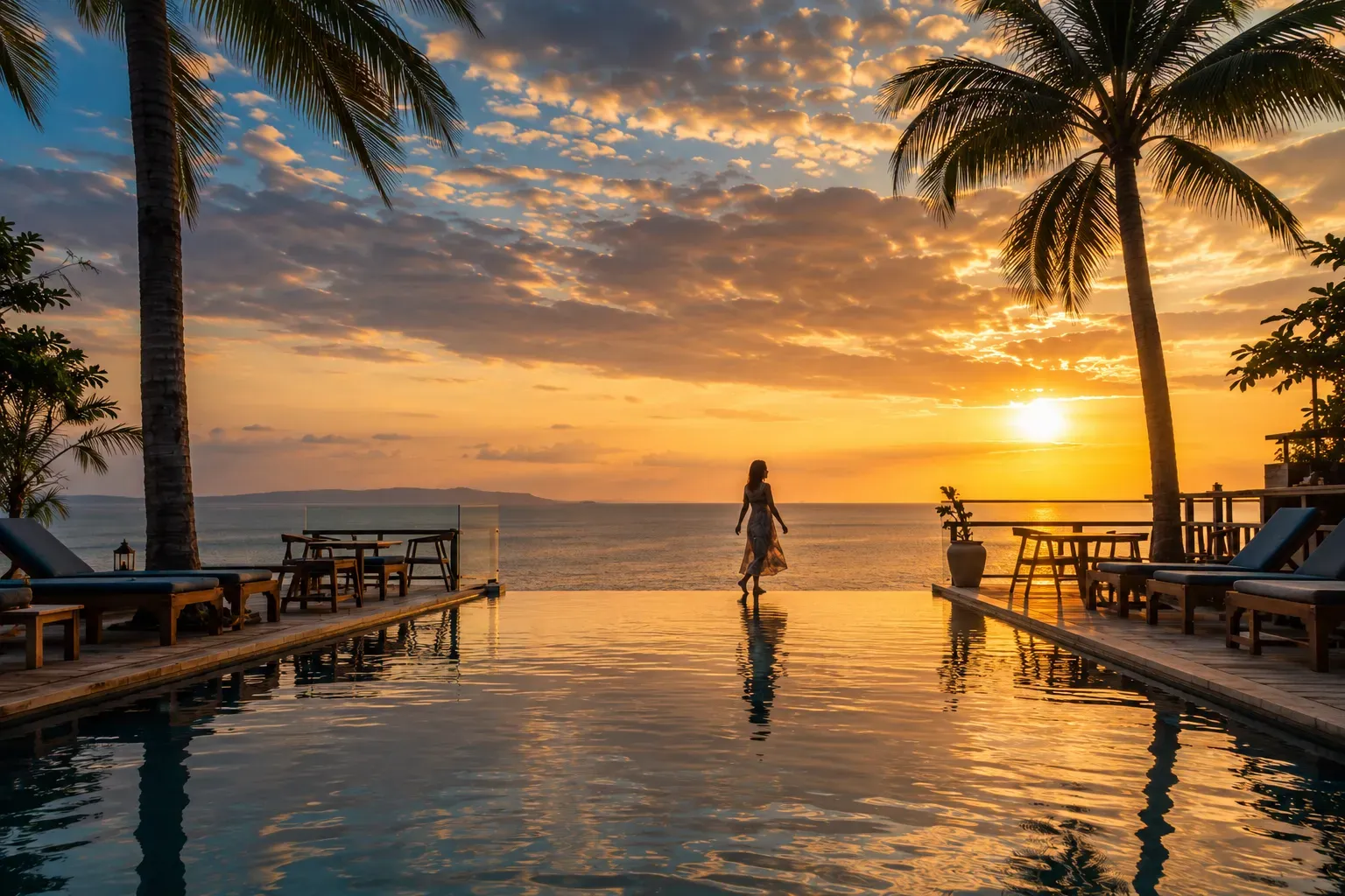 Traveller walking along an infinity pool by the sea at sunset