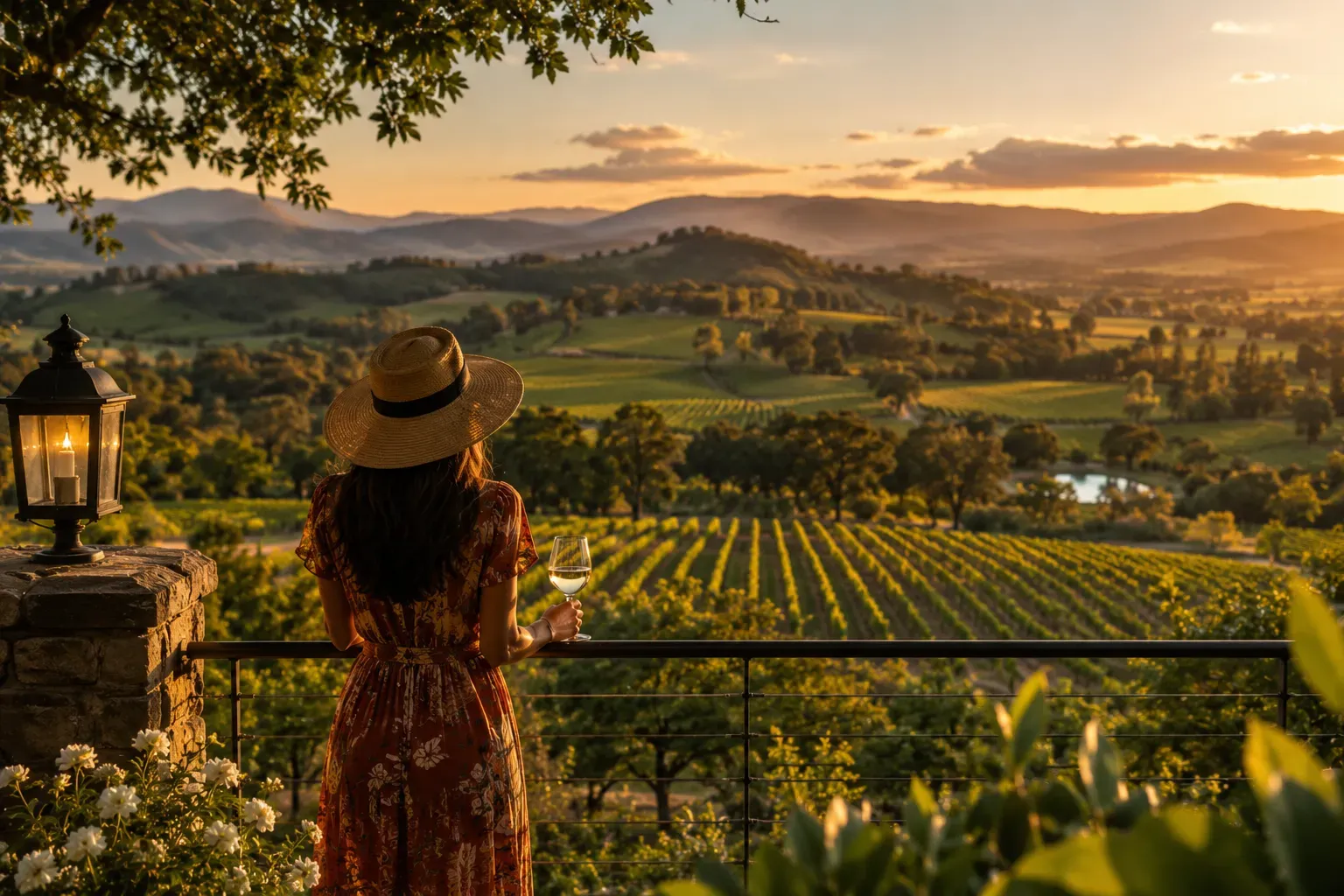 Traveller on a terrace overlooking a vineyard valley at sunset